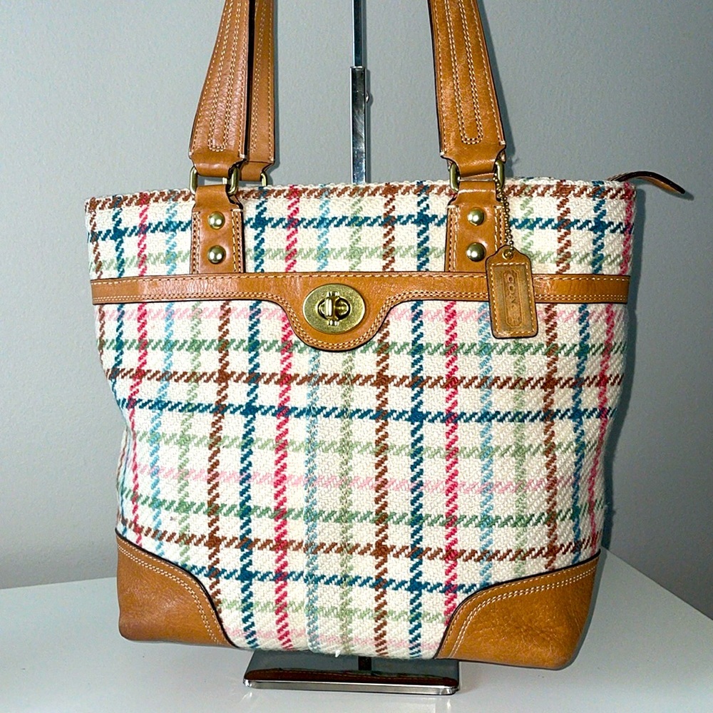 Coach Tan Hampton Plaid Tatterall Wool Leather Tote